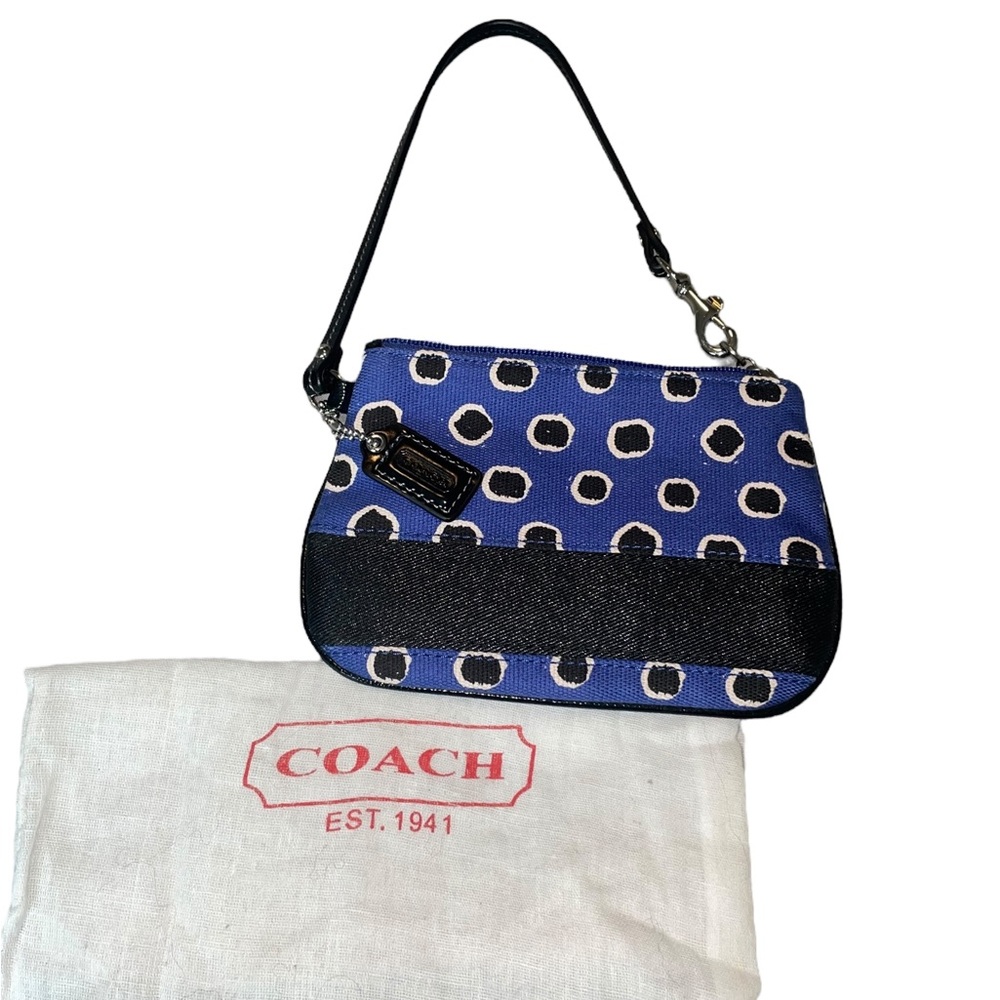 Coach Blue Polka Dot Canvas Wristlet with Black Leather Trim & Dust Bag – 7x5”